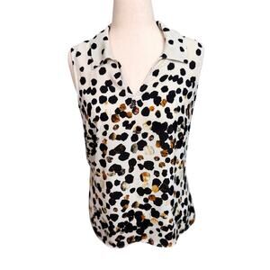 CAbi Seismic sleeveless blouse black white tan dot pattern open neck collar Sz M